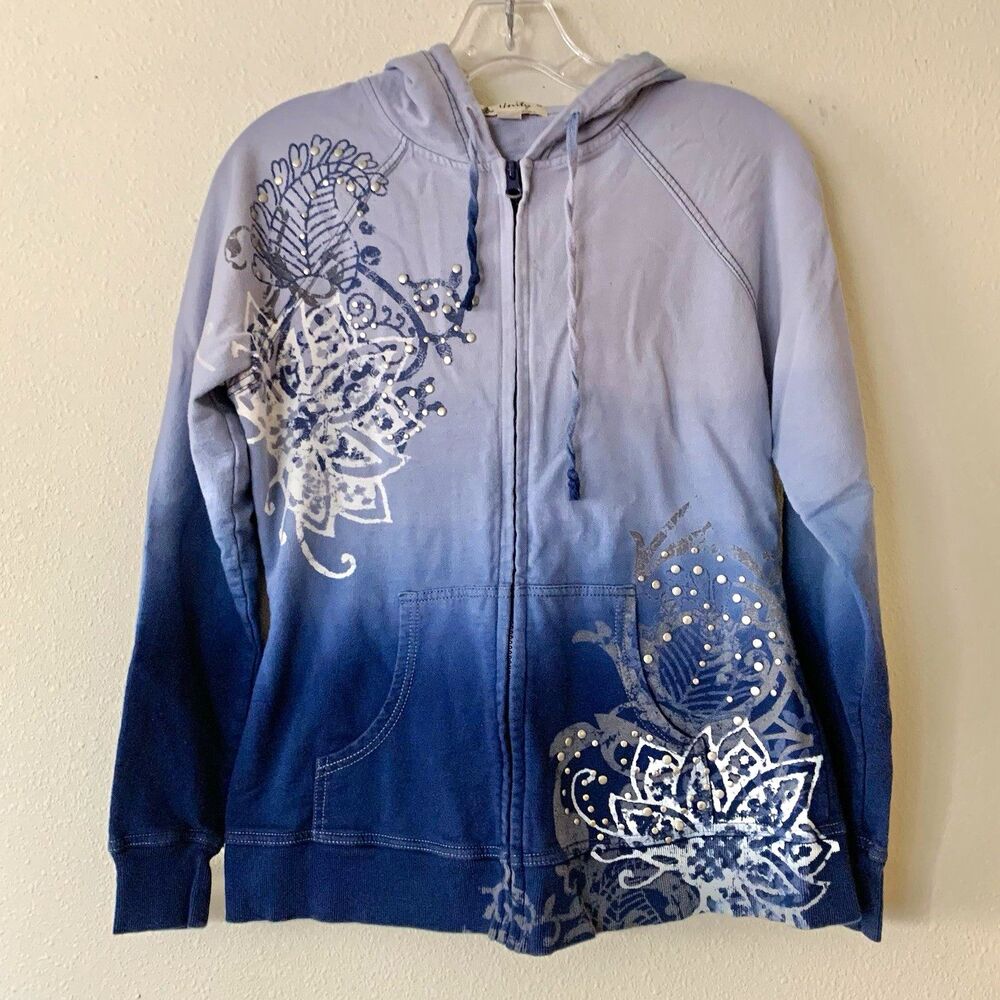Unity World Wear Women’s Zip Up Hooded Sweatshirt Cotton Blue Gradient Floral M